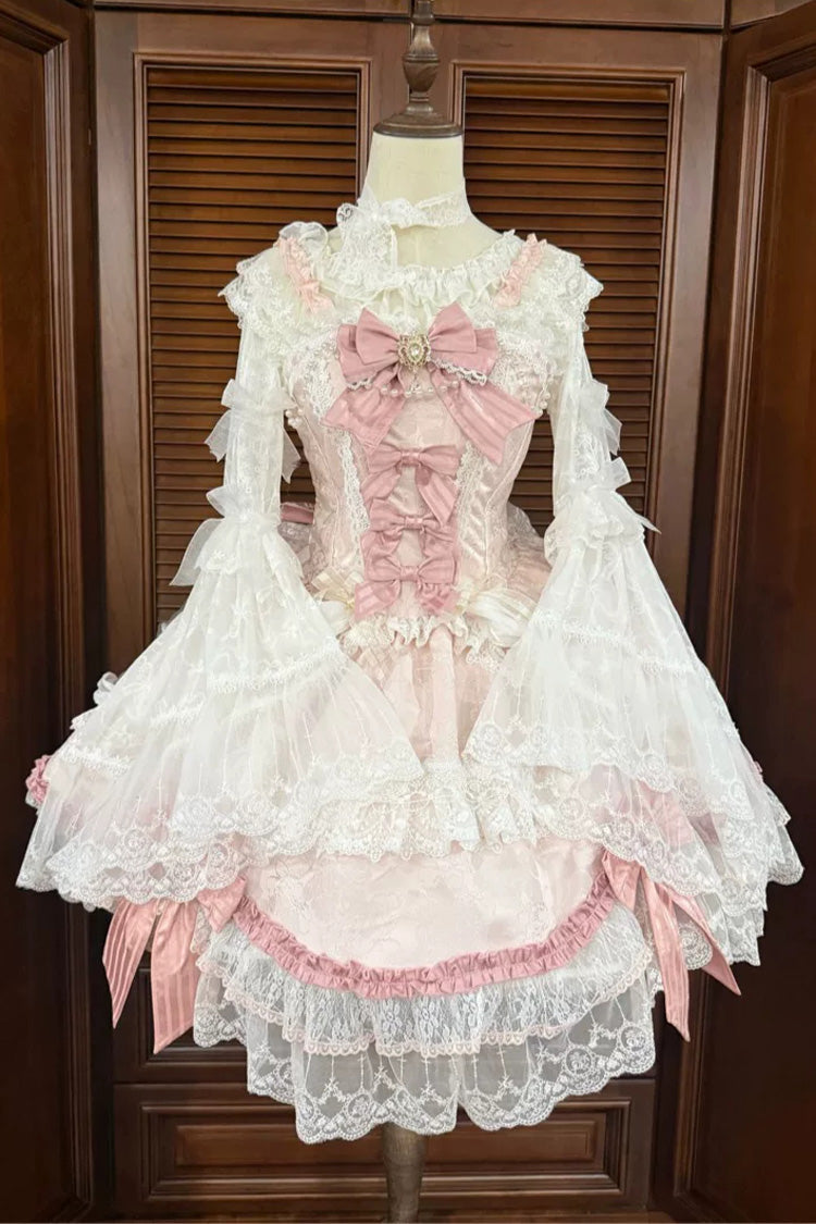 Rose Ribbon Prelude Square Neck Sleeveless Embroidered Floral Lace A-Line JSK Dress - Pink