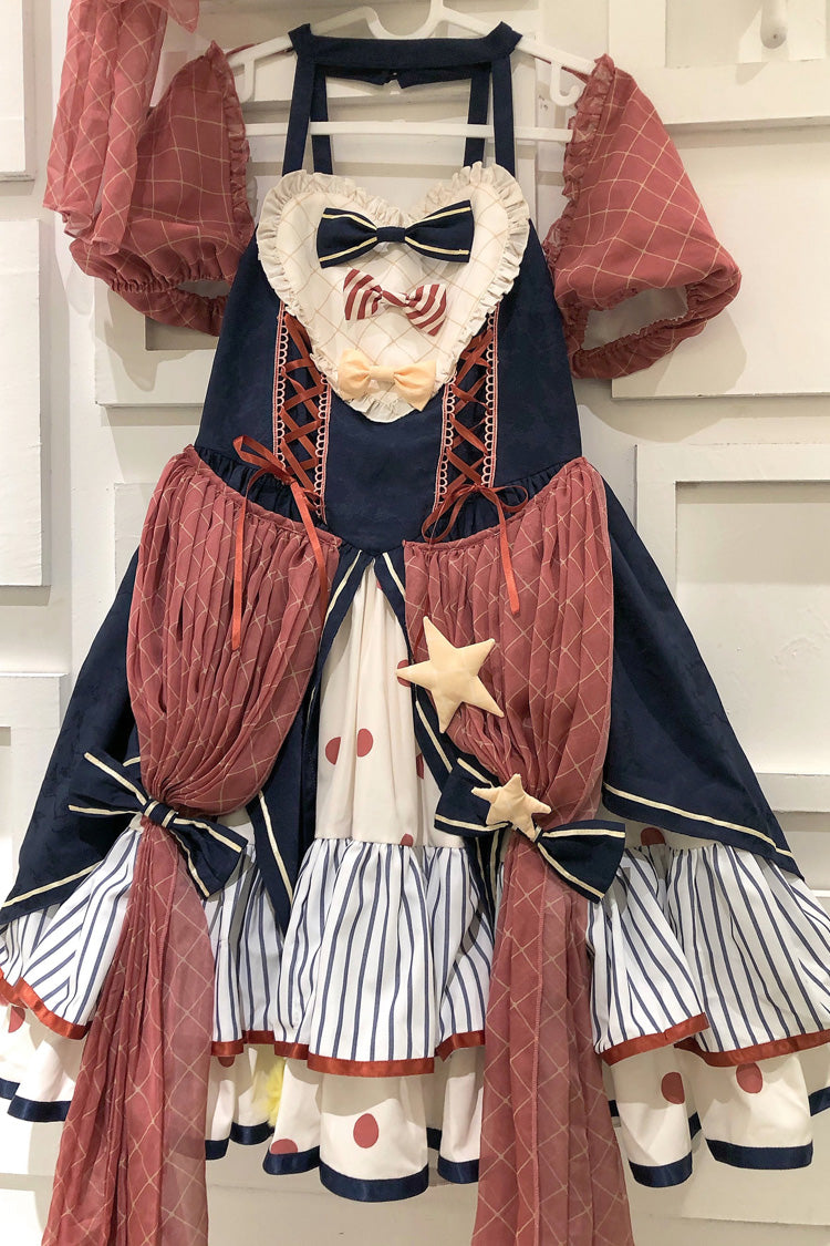 Circus Theme Short-Sleeved Layered Print Ruffled Bow Sweet Dress