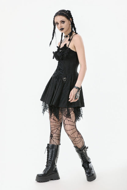 Pleated Dark Demon Slip Dress with Corset Lacing - NoirEdge