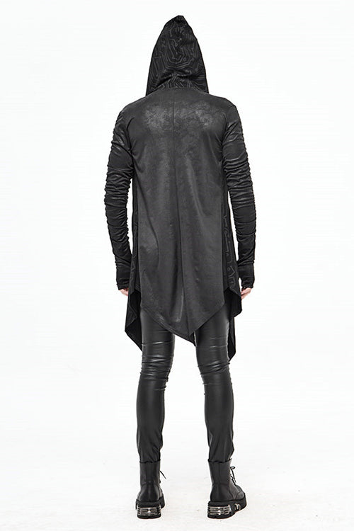 Men's Punk Knit Long Coat with Hood Wrinkled Sleeves Circuit Print