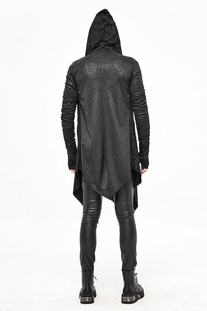 Men's Punk Knit Long Coat with Hood Wrinkled Sleeves Circuit Print
