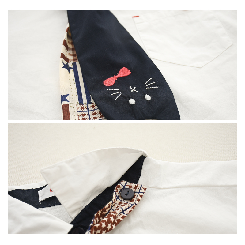 Cute Cat Tie Wooden Buckle Shirt