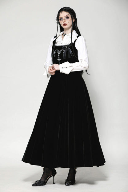 Gothic Women's Velvet Maxi Dress with Embroidered Horns and Lace-Up Back