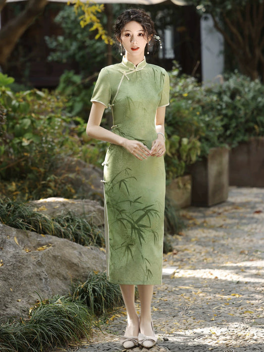 Robe cheongsam en bambou vert