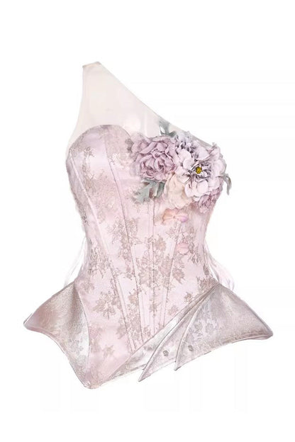 Rose Moonlight Beast Spirit Elf One Shoulder Print 3D Floral Asymmetrical Fishbone Sweet Corset