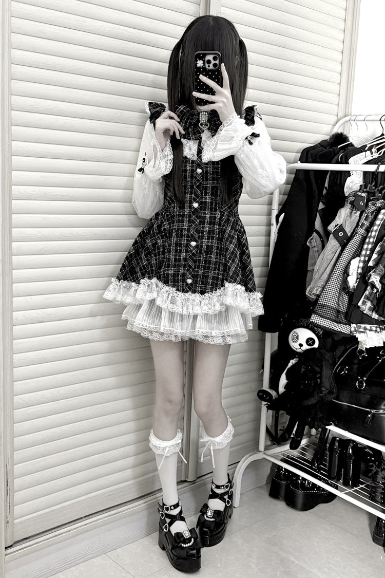 Lunar Eclipse Doll Plaid Printed Ruffled Bow Lace Sweet Jirai Kei Japanese Dress Shorts Set
