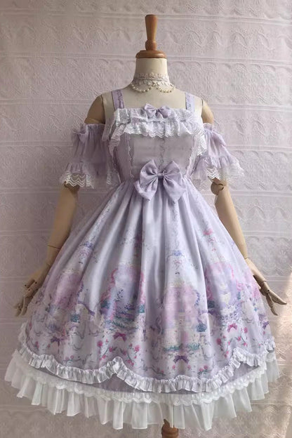 Sweetie Violet Unicorn Print Ruffle Jsk Dress - Secret Garden Lolita