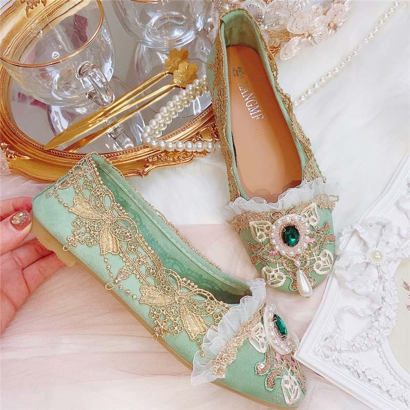 Chaussures plates vintage en dentelle et strass