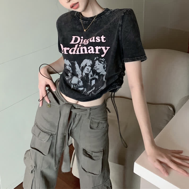 Casual Letter Print Drawstring Crop Top T-Shirt Pocketed Cargo Pants