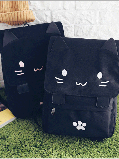 Sac à dos noir pour collège avec patte de chat mignon