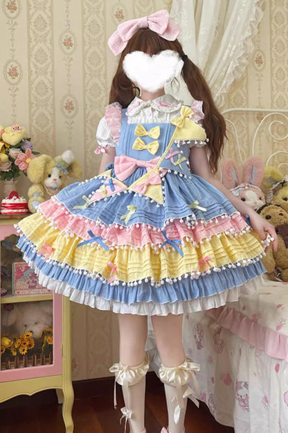 Cute Candy Bow Sweet Lolita JSK with Pennant in Yellow Blue Pink