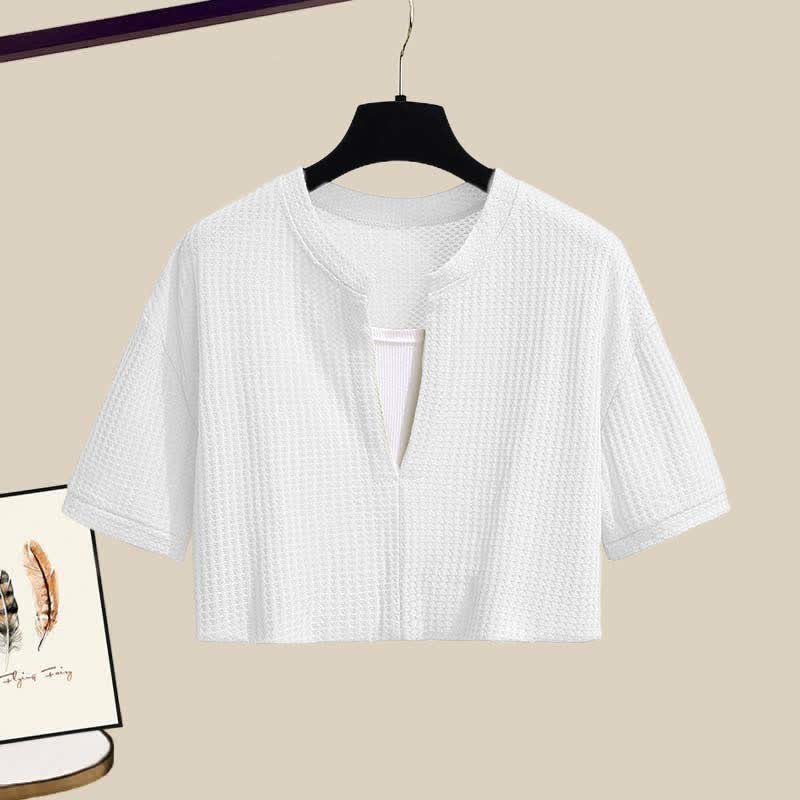 Pieces Set Casual Crop Top Fake Pants Two T-Shirt