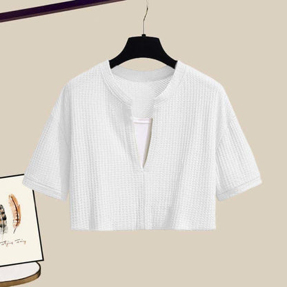 Pieces Set Casual Crop Top Fake Pants Two T-Shirt