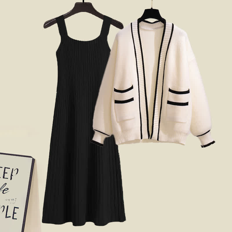 Dress Cardigan Chic Slip Pockets Set Sweater