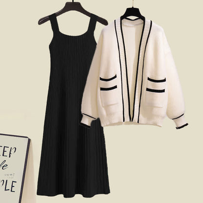 Dress Cardigan Chic Slip Pockets Set Sweater