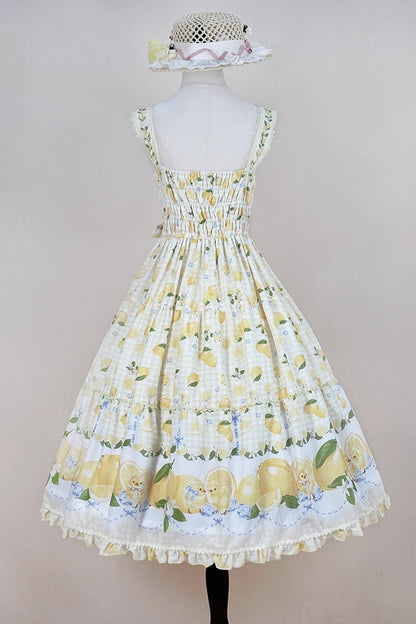 Lemon Chicken Print Ruffle Bow Lace Sweet Lolita JSK Long in Yellow