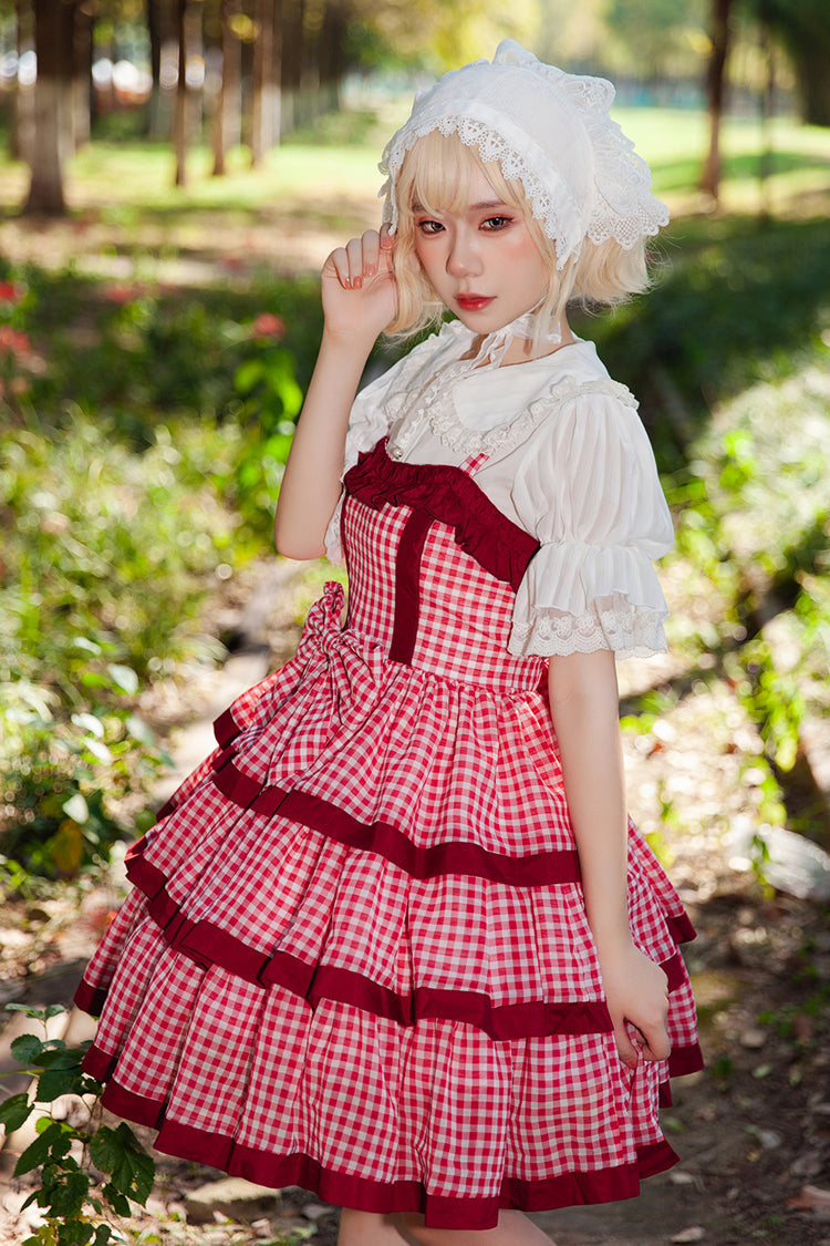 Scarlet Plaid Ruffle Bowknot Sweet Lolita Gown with Layered Design