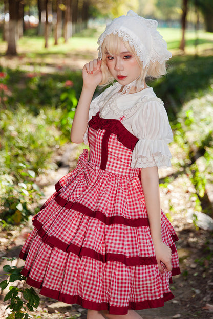 Scarlet Plaid Ruffle Bowknot Sweet Lolita Gown with Layered Design