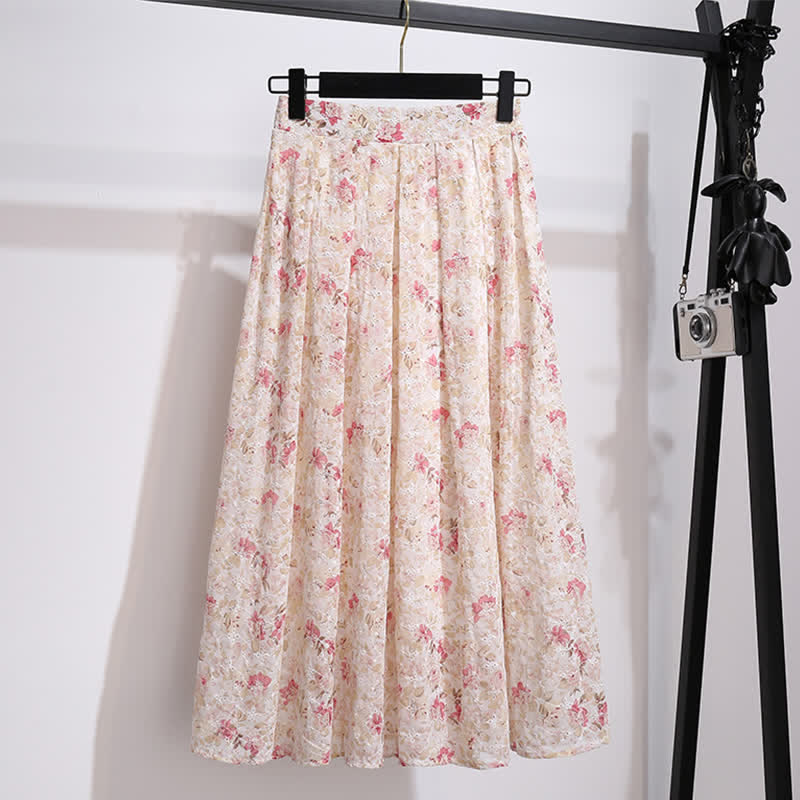 Pink Puff Sleeve T-Shirt Floral Print Pleated Skirt