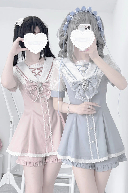 Print Bowknot Jirai Kei Japanese Dress Set