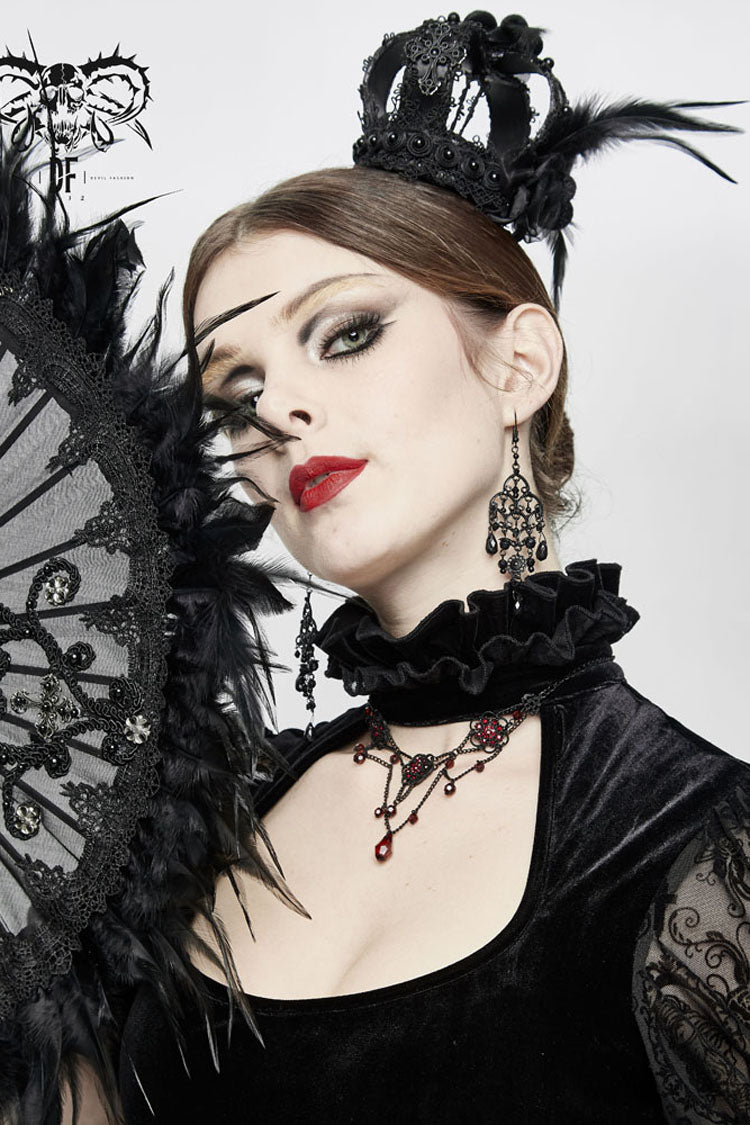 Gothic Crown Headwear with Feather Rose Lace Edging and Cross Accent