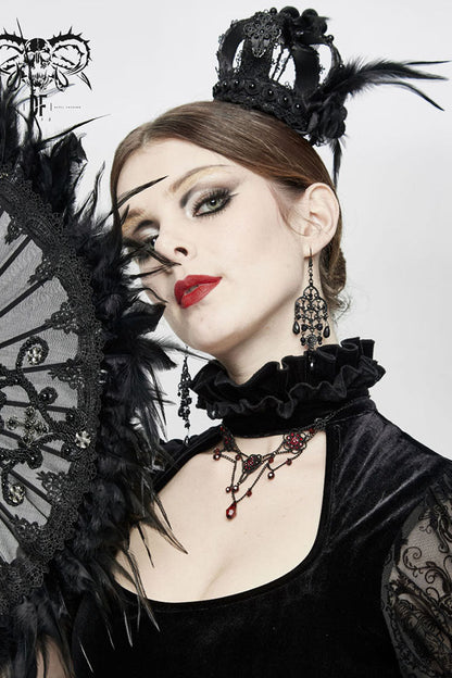 Gothic Crown Headwear with Feather Rose Lace Edging and Cross Accent