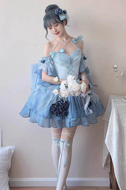Sky Blue Sweet Ballet Lolita Swan Wonderland Embroidery Lace-Up Mini JSK Dress