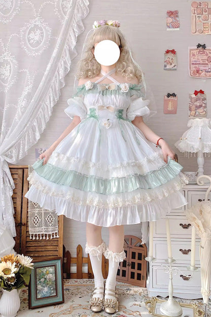 Emerald Ruffled Lace-Up Princess Lolita Dress - Spring Boliya