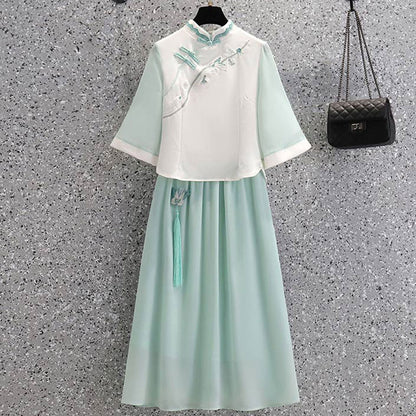 Floral Stand Collar Button Slim Vintage Top Skirt Set