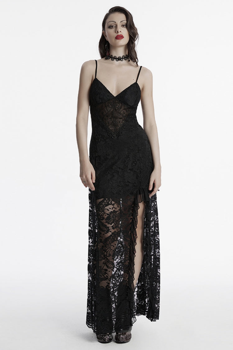 Lace Embellished Gothic Slip Dress with Split