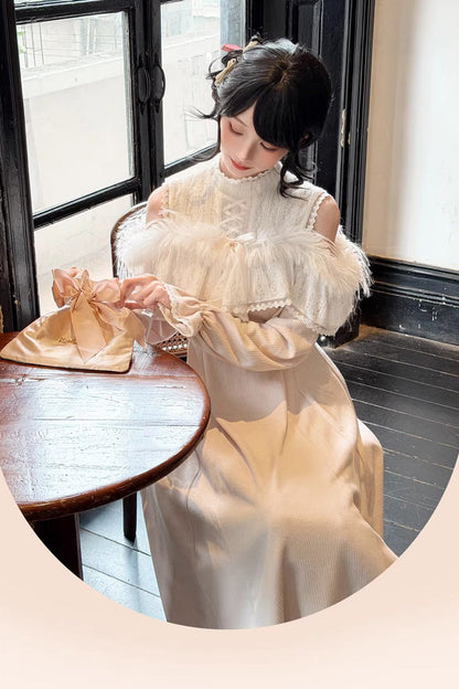 Rose Stand Collar Off-Shoulder Long Sleeve Lace Sweet Japanese Elegant Lolita Long Gown - Little Love Song