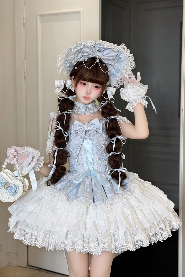 Square-Collar Sleeveless Pearl-Trimmed Layered JSK with Lacing