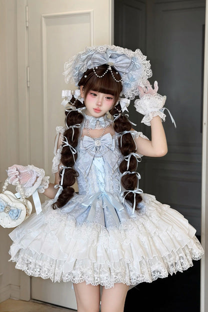 Square-Collar Sleeveless Pearl-Trimmed Layered JSK with Lacing