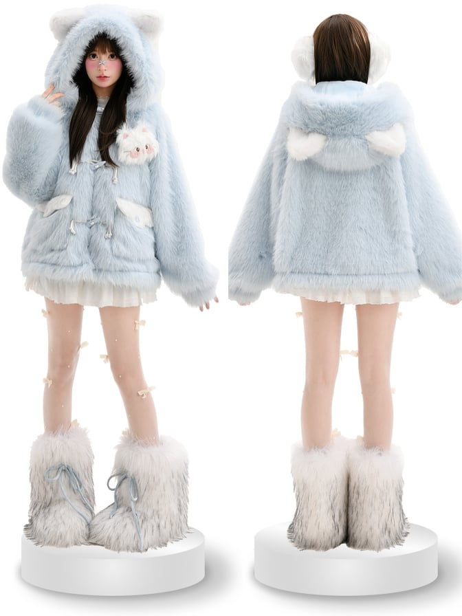 Blue Fluffy Cat Ears Hooded Faux Fur Coat Detachable Cat Plushie