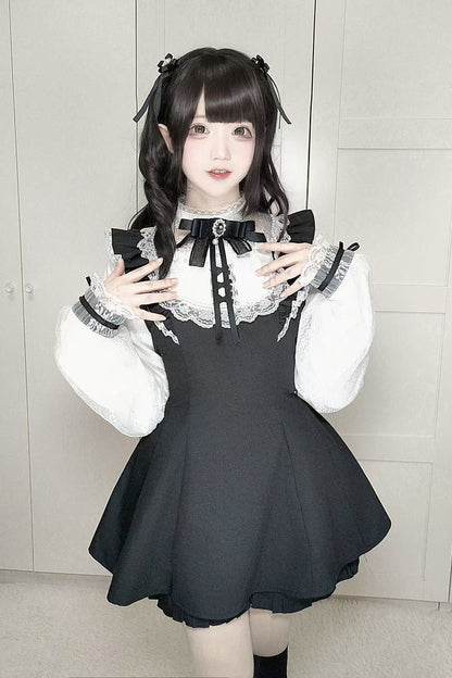 Print Bowknot Lace Gothic Jirai Kei Dress Set