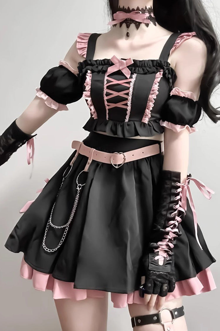 Black and Pink Tie-Bow Gothic Sweet Lolita Strapless Skirt Set