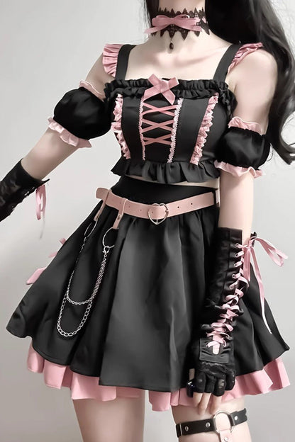 Black and Pink Tie-Bow Gothic Sweet Lolita Strapless Skirt Set