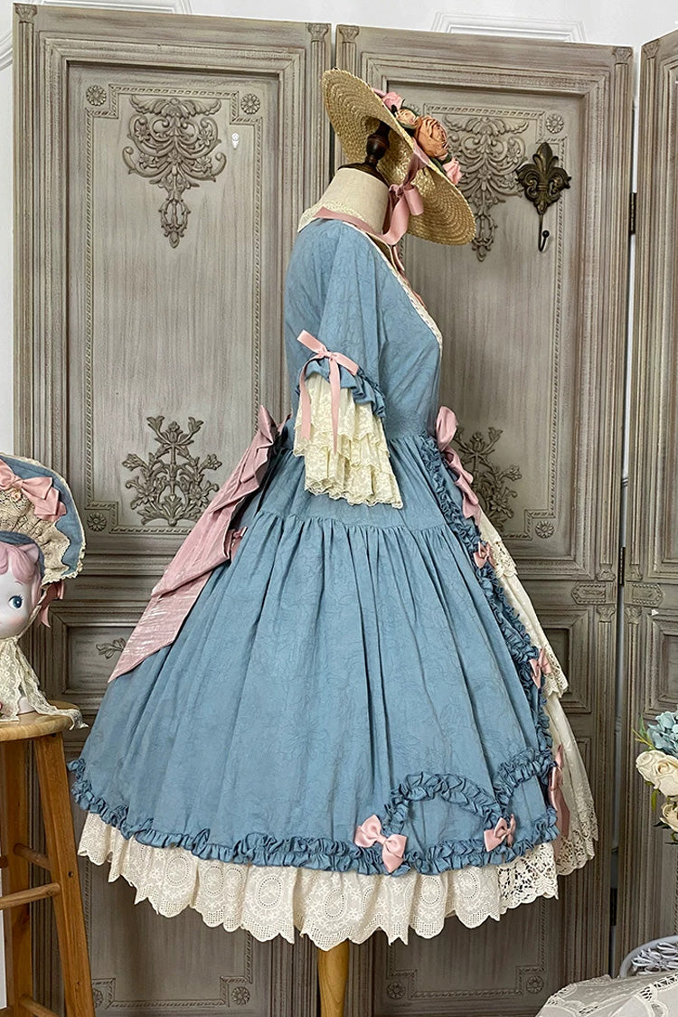 Lapel Short Trumpet Sleeve Ruffled Open Bow Lace Elegant Luxurious Lolita Dress