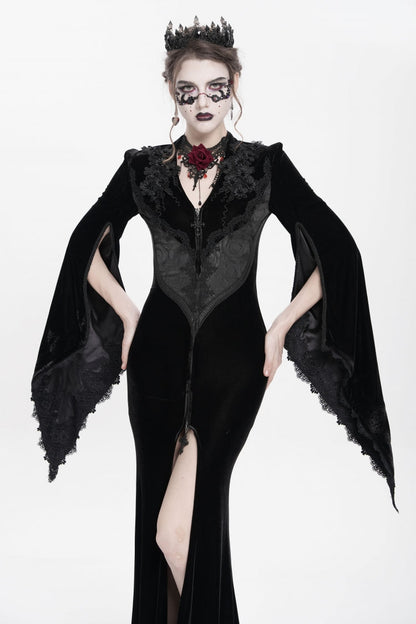 V Collar Trumpet Sleeve Floral Embroidered Velvet Gothic Dress