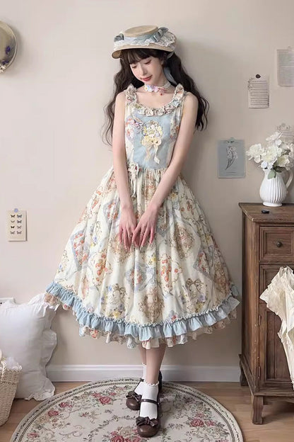 Cat Rose Tea Sleeveless Jumper Dress with Ruffle