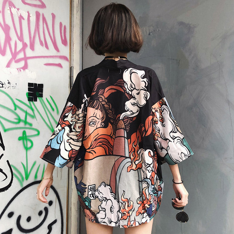 Cartoon Fire Print Casual Vintage Kimono Outerwear