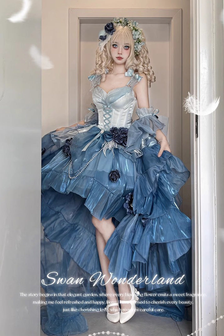 Sky Blue Sweet Ballet Lolita Swan Wonderland Embroidery Lace-Up Asymmetric JSK Dress