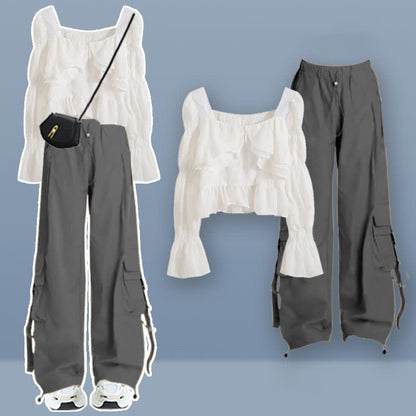 Shirt Pocketed Sleeve Puff Cargo Pants Crop Loose