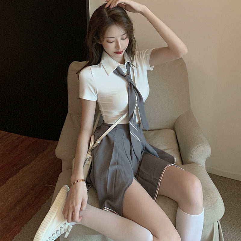 JK Tie T-Shirt Split Pleated Skirt Set