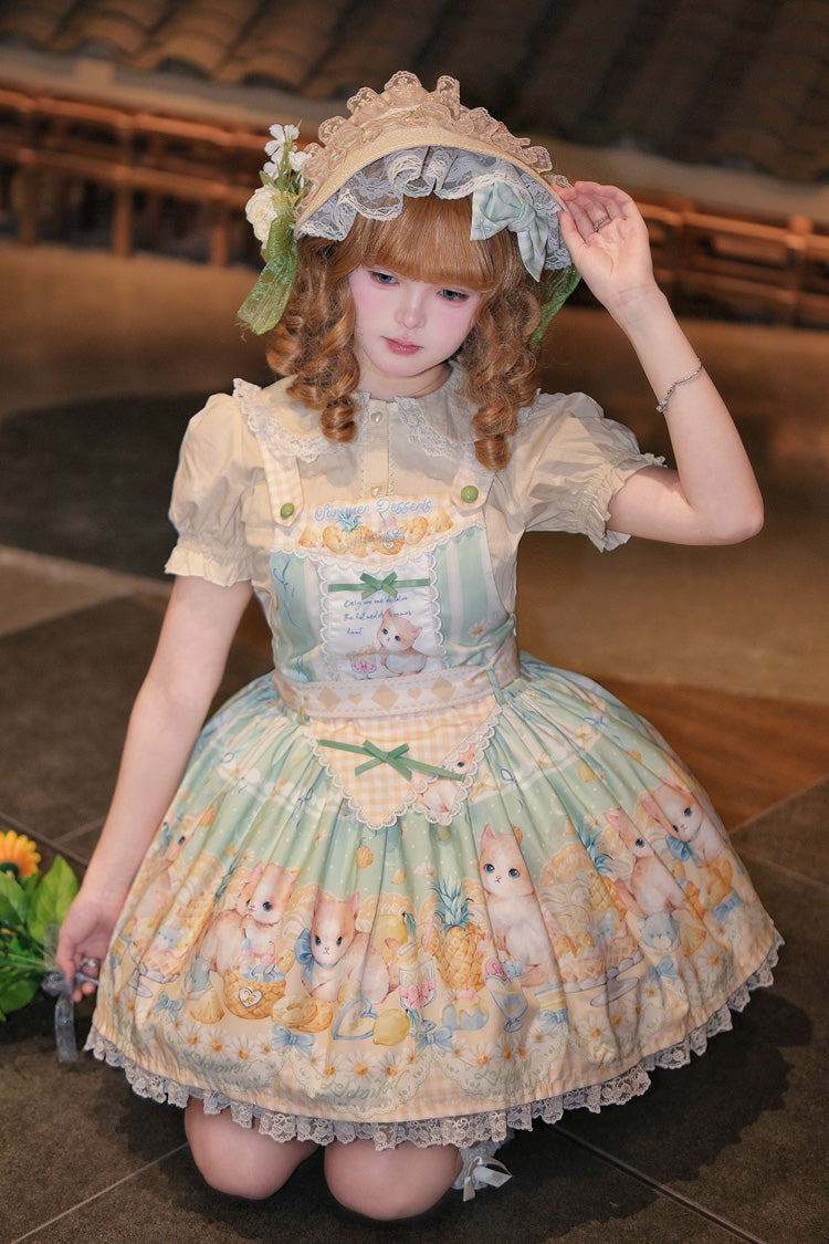 Emerald Pineapple Cat Print Sleeveless Bowknot Lace Sweet Lolita Strap Dress