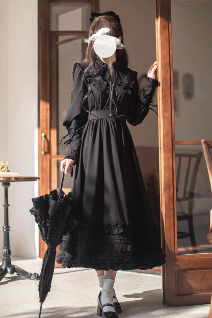 Long-Sleeved Gothic Vintage Elegant Dress with Ruffled Embroidery - Wind Kissed Tulips