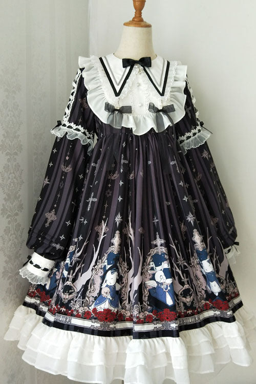 Black Gothic OP Dress Lolita College Style Round Collar Long Sleeves - Altfashion Shop