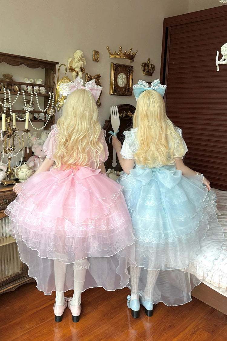 Pink Multi-Tier Ruffle Bridal Bow Lace Sweet Lolita Jumper - Lotus Butterfly Heart