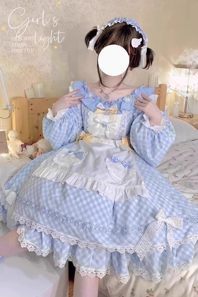Blue Tartan Bow Lace Sweet Lolita Dress