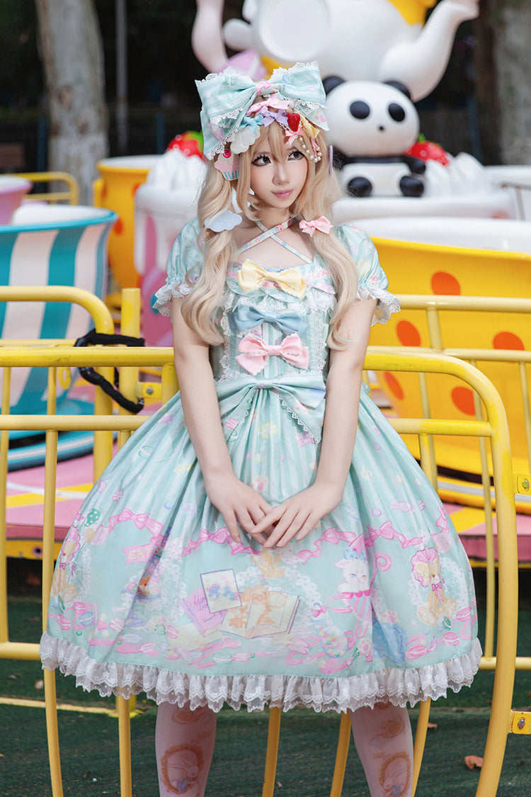 Macaron Dolly House Doll Collar Short Sleeves Print Bowknot Sweet Lolita Dress Colors